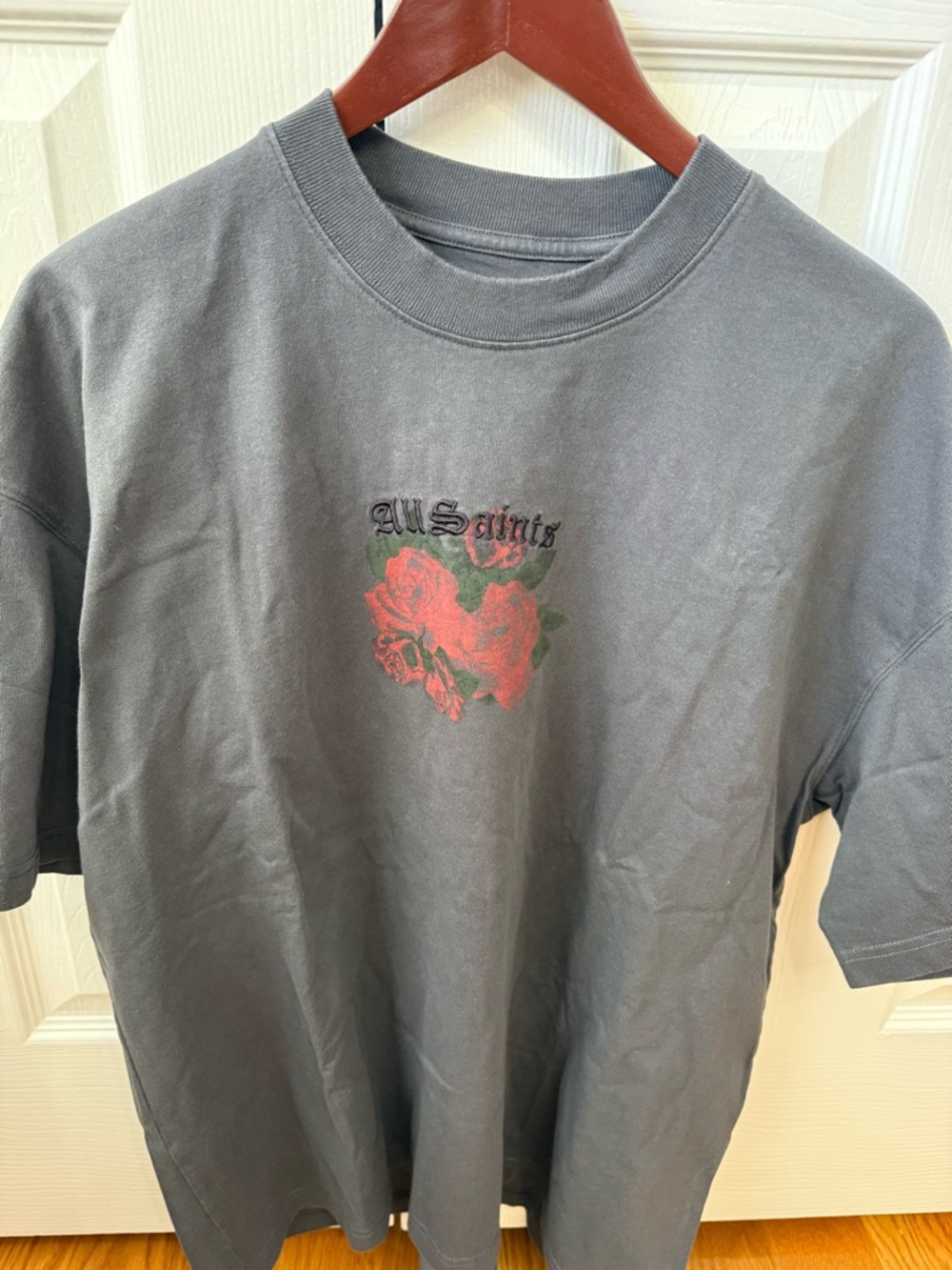 AllSaints Gray Tee with Faded Rose Motif